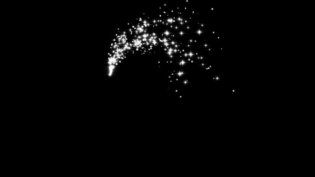 Magical fairy dust glitter trail with glowing twinkle stars, sparkling particles and soft bokeh lights forming a smooth curved transition overlay for festive videos on black background.4k