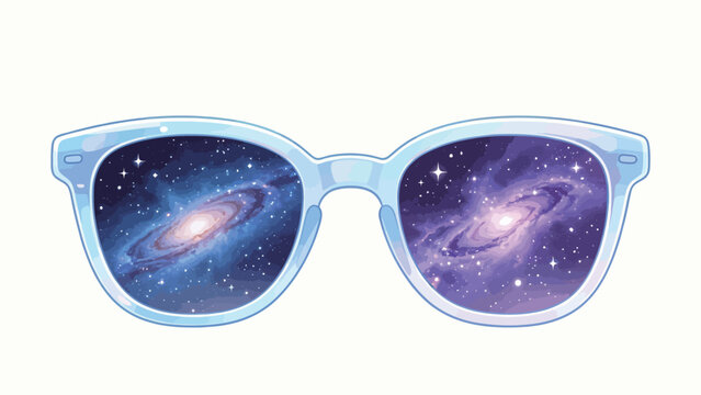 Blue and purple galaxy sunglasses with spiral nebula reflections in a clean vector illustration style