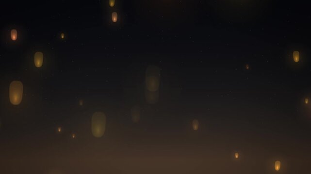 Glowing warm golden paper sky lanterns rising through a deep blue night with centre copy space, seamless 4K loop