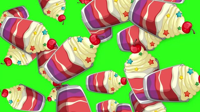 Animated Falling Dessert Cups with Whipped Cream on Green Screen