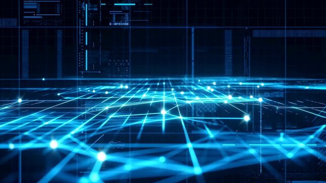 Glowing blue digital network grid with pulsing nodes and flickering rectangular data panels shifts perspective. Futuristic backdrop inspired by digital networking and data flow.