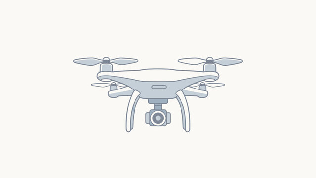 Stylized illustration of a white quadcopter drone with camera hovering above ground
