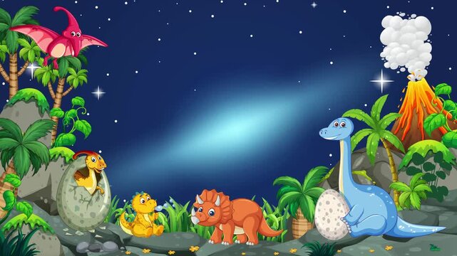 Cartoon Dinosaurs in Prehistoric Night Landscape with Copy Space Animation