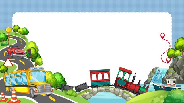 Cartoon Transportation Border Frame with School Bus Train and Boat