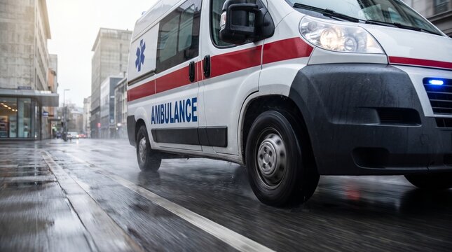 Emergency medicine: Ambulance races through rainy city street on urgent response