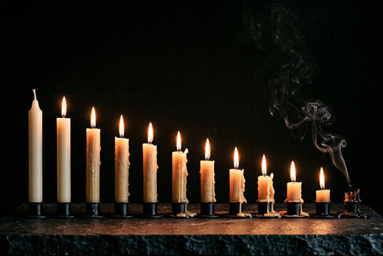 Row of twelve candles burning down to a smoking stub, passing year concept
