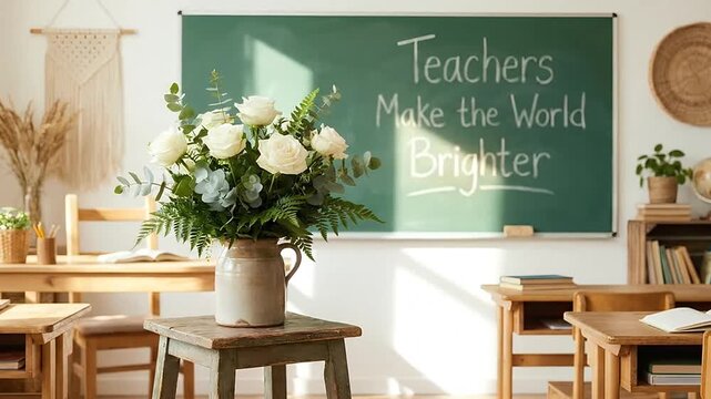 White rose bouquet on a rustic wooden stool in a sunny classroom with an appreciation message written on the chalkboard