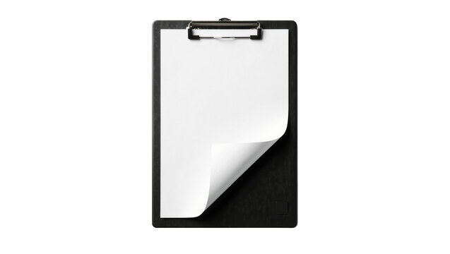 Black clipboard with blank white paper and curled corner, isolated on transparent background