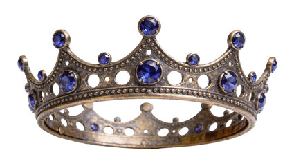 Ornate antique bronze crown with blue gemstones, isolated on transparent background © pixter