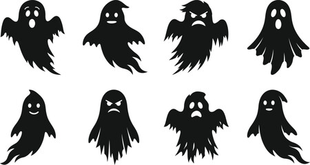 Fototapeta premium Set of Eight Black Ghost Silhouettes for Halloween Design