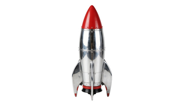 Shiny metallic rocket with red nose cone and fins, isolated on transparent background