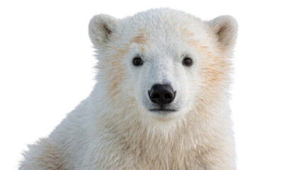 Fluffy polar bear cub with dark eyes and nose, isolated on transparent background © pixter