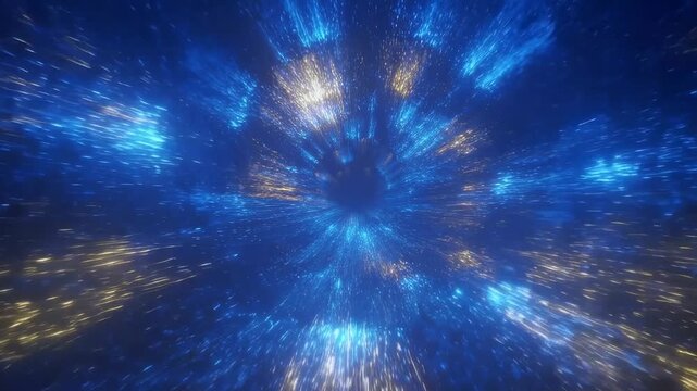 Blue particles stream through a glowing digital tunnel in abstract space. Technology presentation, digital transition, and futuristic title sequence.