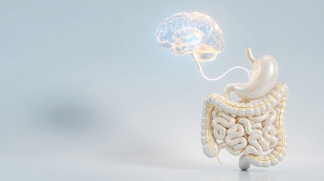 Human brain connected to digestive system stomach and intestines representing gut-brain axis communication.