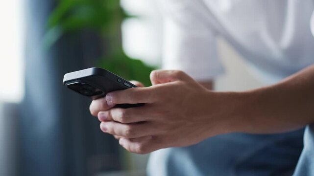 Male hands holding a mobile phone scrolling and tapping the screen