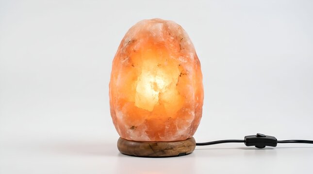 Illuminated himalayan salt lamp with switch on white background