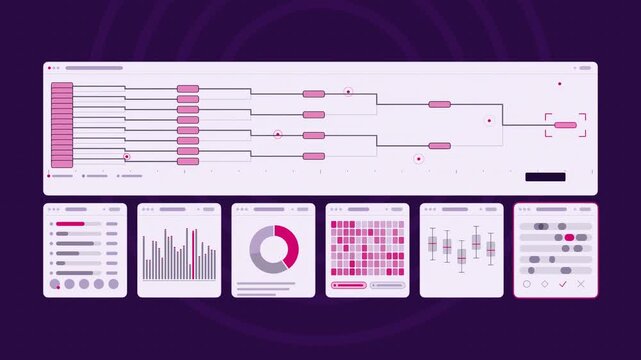 Animated esports tournament bracket winners in violet and blue on a deep dark background. Seamless looping 4K dashboard motion graphics with free space for text, ideal for product videos, business pre