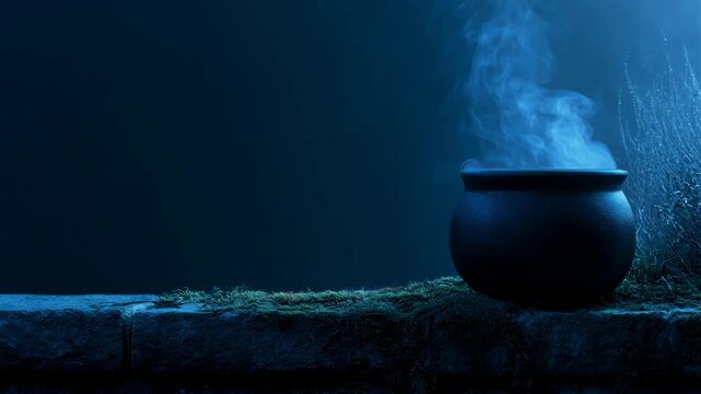 Halloween cauldron emits curling smoke on a stone ledge, evoking witchcraft, magical potion brewing and a spooky supernatural scene.