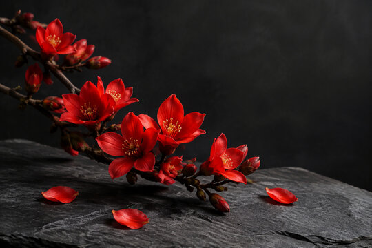 Red padauk blossoms on dark slate, botanical still life concept