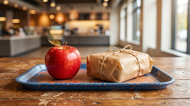 Fresh red apple and packaged sandwich on a tray inside a cafe