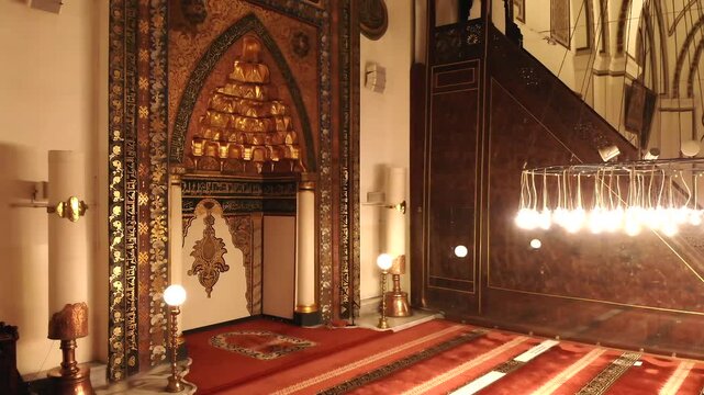 Mosque mihrab with Islamic art, ornate decoration, and sacred interior architecture in Turkey.
