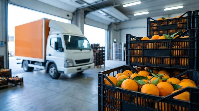 Fresh oranges packed in black plastic crates stacked high inside industrial warehouse ready for shipment alongside parked delivery truck.