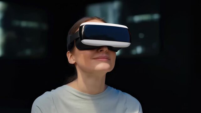 Woman wearing a virtual reality headset in a dark indoor technology setting. Technology advertising, virtual reality product promotion, and education and training campaigns.