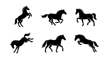Obraz premium Silhouette Horse Vector Icons Set, Galloping and Rearing Equine Poses, Black Animal Graphics for Equestrian and Farm Themes