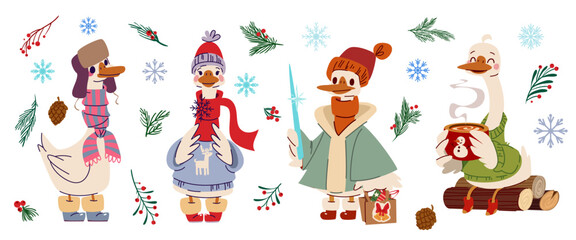 Fototapeta premium Funny geese in warm winter clothes with snowflakes and mistletoe on background. Vector cartoon illustration cute goose drinking cocoa, holding icicle and gift bag, Christmas card design elements