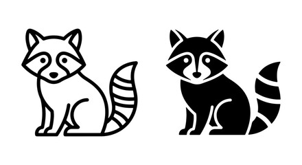 Obraz premium Cute Raccoon Icons, Vector Art Set: Black and White Outline and Silhouette Illustrations for Wildlife, Nature, and Animal Themes