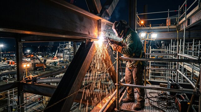 Construction Worker Welding Steel Beams at Height on Night Shift with Sparks