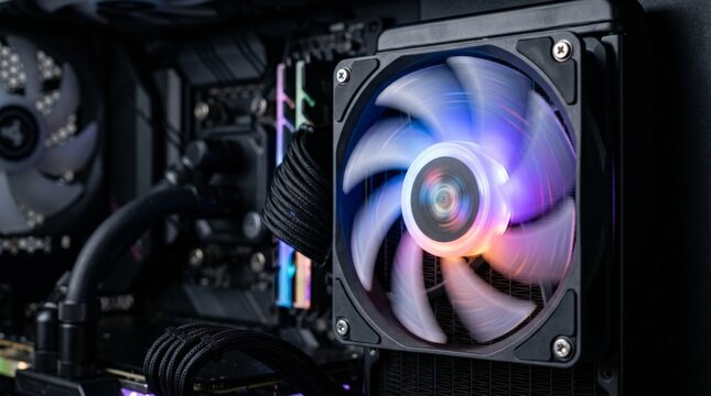 A close-up view shows a vibrant RGB server cooling fan spinning rapidly inside a computer case, highlighting advanced liquid cooling systems and internal hardware components
