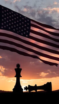 American Flag with Fallen Chess King at Sunset &ndash; Political Conflict and Power Concept
