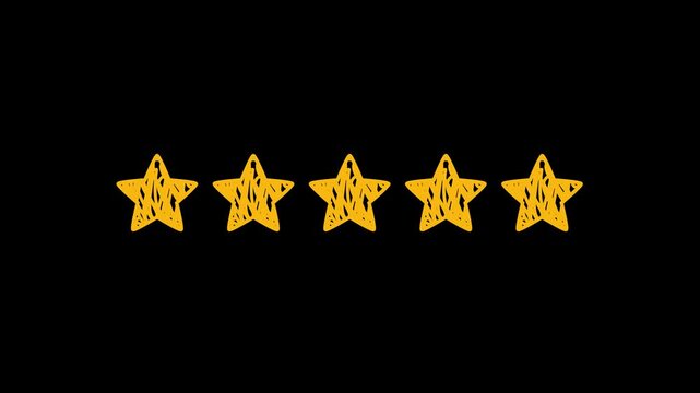 Five hand drawn scribble stars appearing one by one with animated drawing effect on dark background. Suitable for rating reveal, review, and achievement content.