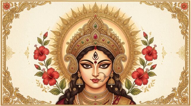 Goddess Durga portrait with traditional gold jewelry and red hibiscus flowers