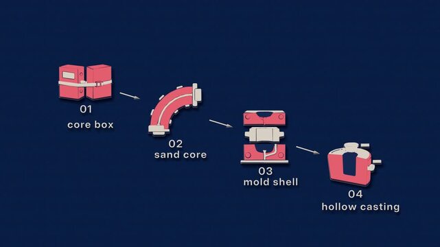 Core making packs sand into a core box, seats the dry core in a mold cavity, and lets metal solidify around the intended void. Flat 3D style with smooth matte surfaces; objects numbered and labelled