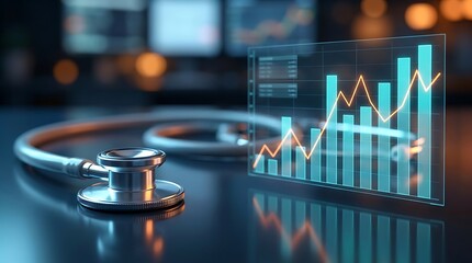 Fototapeta na wymiar Stethoscope and glowing financial chart represent healthcare industry growth and medical analytics.