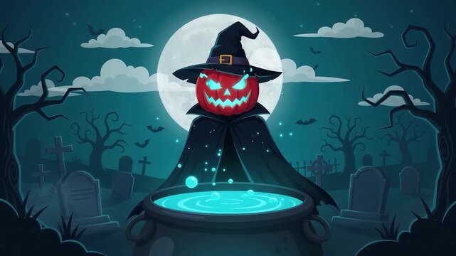 Evil pumpkin head brewing blue potion in graveyard animation