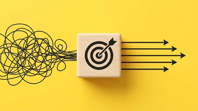 Messy tangled lines transforming into straight organized arrows through target symbol on wooden block illustrating concept of problem solving and clarity.