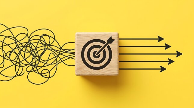 Scribbled black lines on yellow background transform into straight arrows through wooden target block symbolizing solution focus and efficient strategy.
