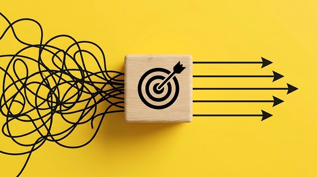 Messy tangled lines resolve into organized straight arrows via wooden block with target icon representing clarity purpose and streamlined business process.