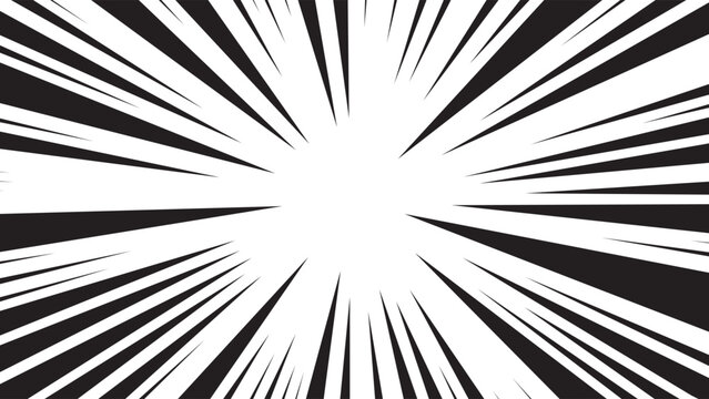 Comic speed line background, manga radial anime. Cartoon emphasis superhero frame, impact burst effect. Splash blast black bg. Graphic boom ray pop art. Abstract action element. Vector illustration