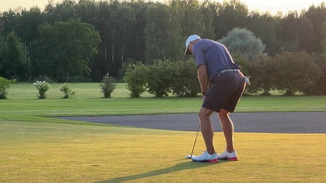Male golfer preparing and bending down beside golf ball on sunlit fairway, holding putter during outdoor practice at landscaped golf course