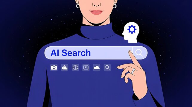 Concept of a person using a digital artificial intelligence search engine bar for smart information processing in a futuristic interface