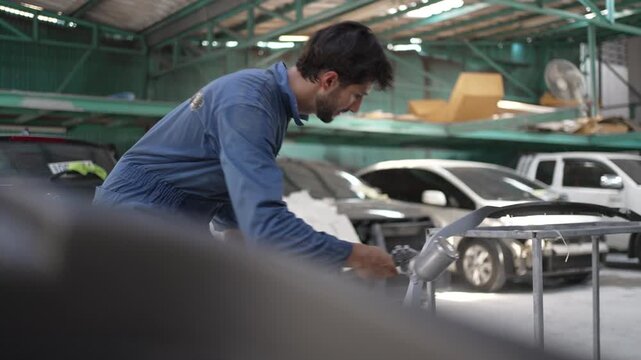 Mechanic Spray Painting Primer On Gray Car Bumper In Garage
