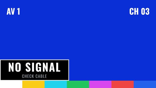 No signal check cable error screen with color bars and channel label, retro broadcast tv. 4k video