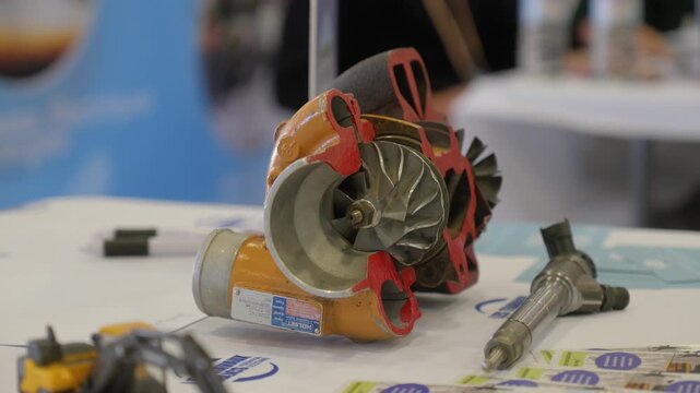 Cross-section model of a turbocharger and a fuel injector displayed on a table during a public works exhibition in Bordeaux, France.