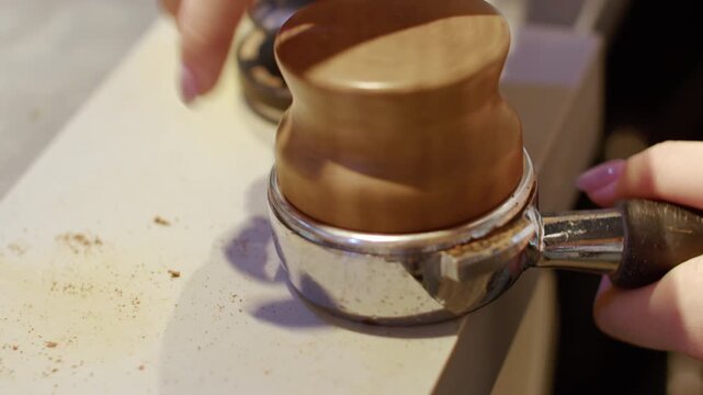 Barista Leveling Ground Coffee in Portafilter Before Tamping