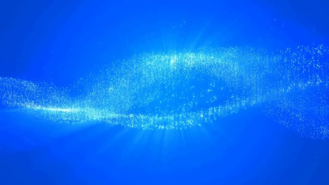 Blue particle waves flow through an abstract digital field. Technology presentations, digital product branding, and science media.
