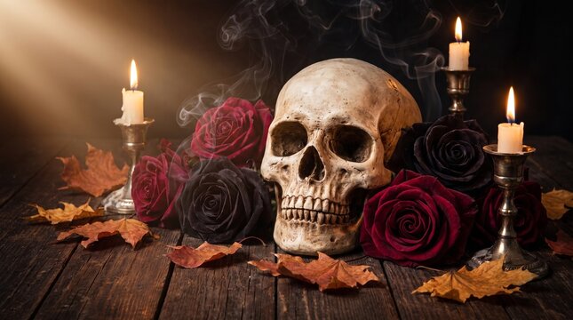 Photorealistic Halloween still life featuring a realistic decorative skull surrounded by black roses, candles, autumn leaves and subtle smoke on a dark wooden table, dramatic side lighting, detailed 